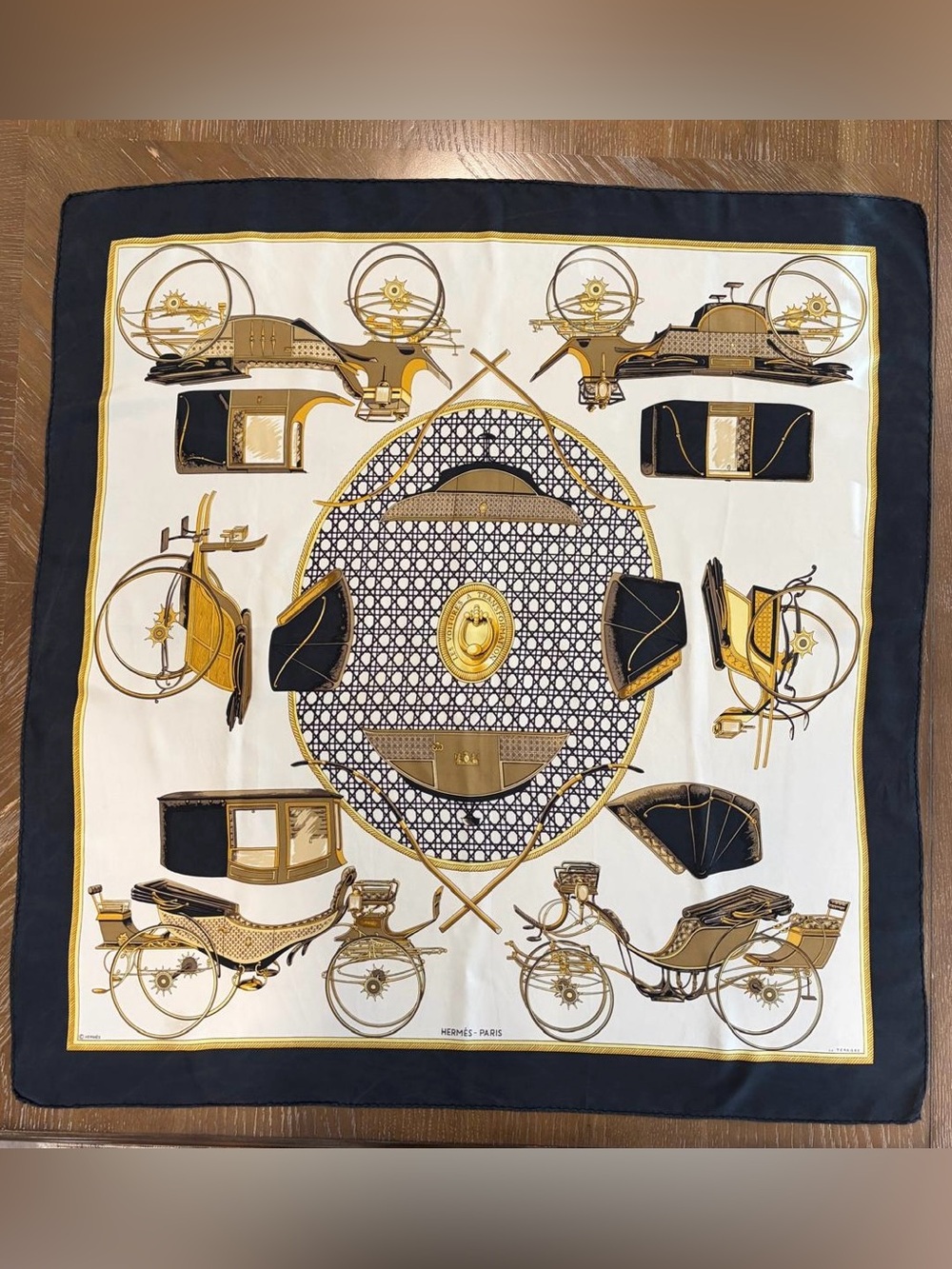 Hermes Silk Scarf Carré 90 Scarf Black Gold White Hand Rolled Made In France